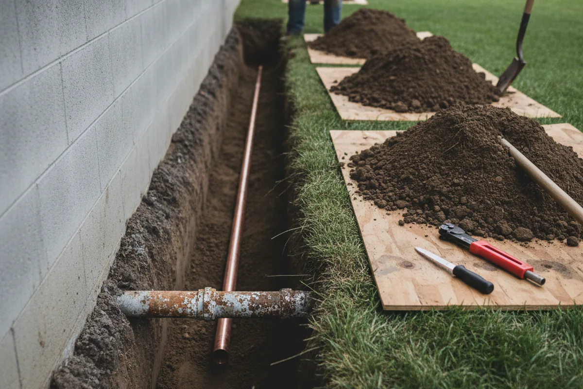Excavated water line trench during Water Softener Installation in Green Pond